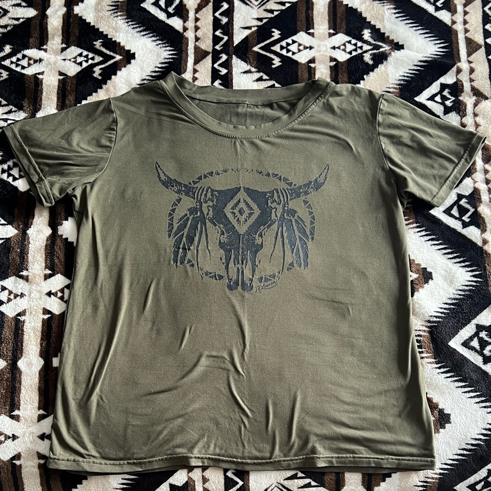 Olive Graphic T-Shirt with Bull Skull Design